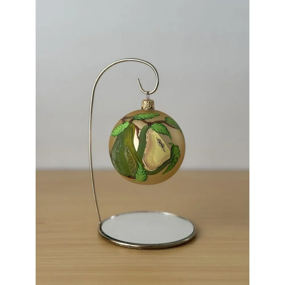 Vtg Christmas Ornament Hand Painted Pear Fruit Gold Glitter Sugared Frosted Gold
